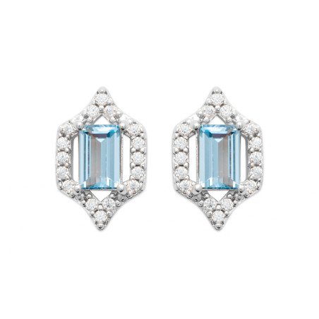 Boucles d'Oreilles Hexagonales Argent Rhodié Oxydes et Pierre Bleue