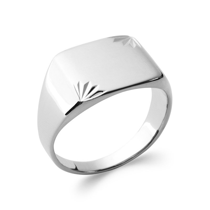 Bague Chevalière Argent Rhodié Motifs Rayonnants
