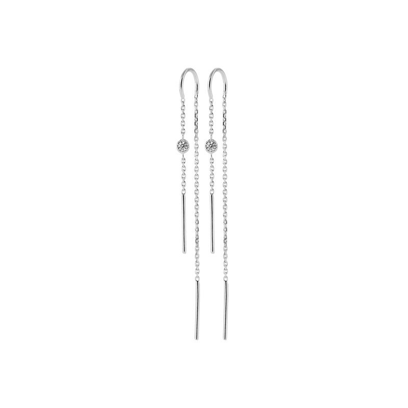 Boucles d'Oreilles Pendantes Chaîne et Solitaire Argent Rhodié