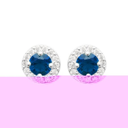 Puces d'Oreilles Halo Bleu en Argent Rhodié