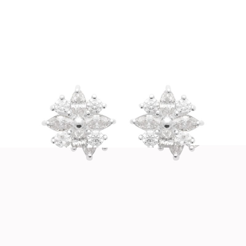 Boucles d'oreilles Puces Fleur Argent Rhodié Zirconia