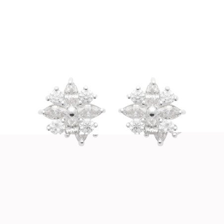 Boucles d'oreilles Puces Fleur Argent Rhodié Zirconia