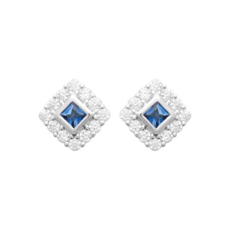 Puces d'Oreilles Carrées Argent Rhodié et Zirconium Bleu