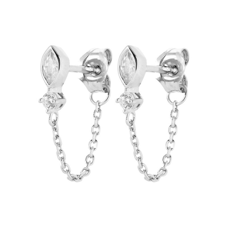 Boucles d'Oreilles Puces Chaîne Argent Rhodié Oxyde de Zirconium