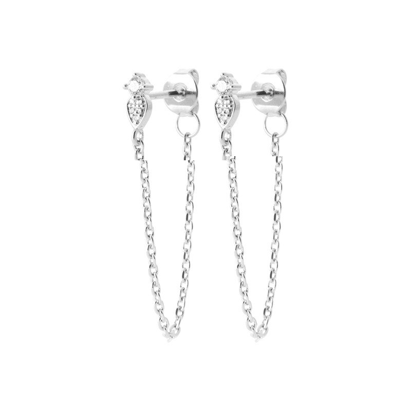 Boucles d'Oreilles Puces et Chaînes Argent Rhodié Zirconia