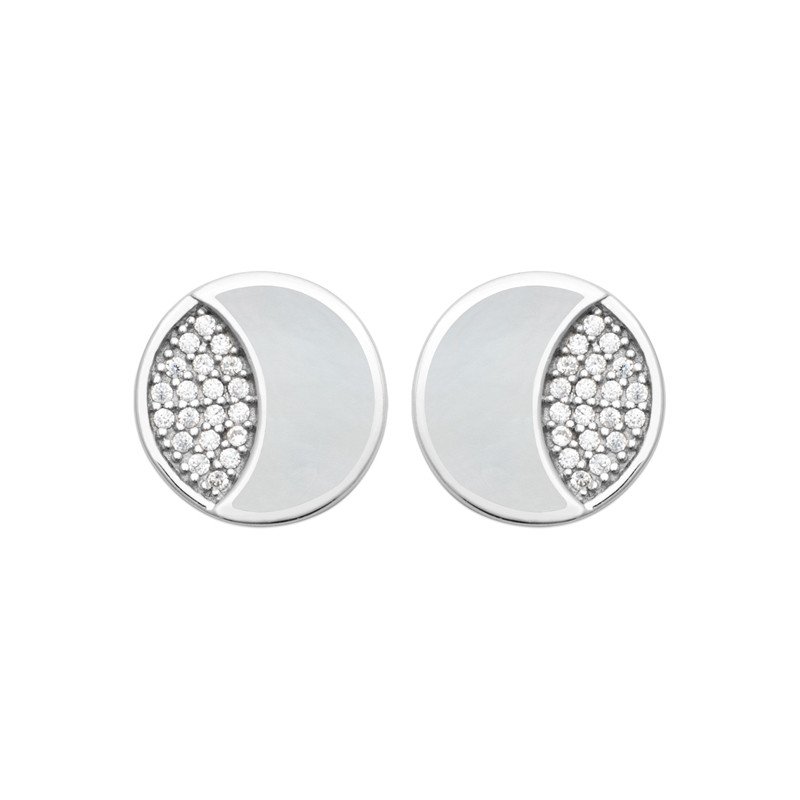 Boucles d'Oreilles Rondes Nacre et Zirconium Argent Rhodié
