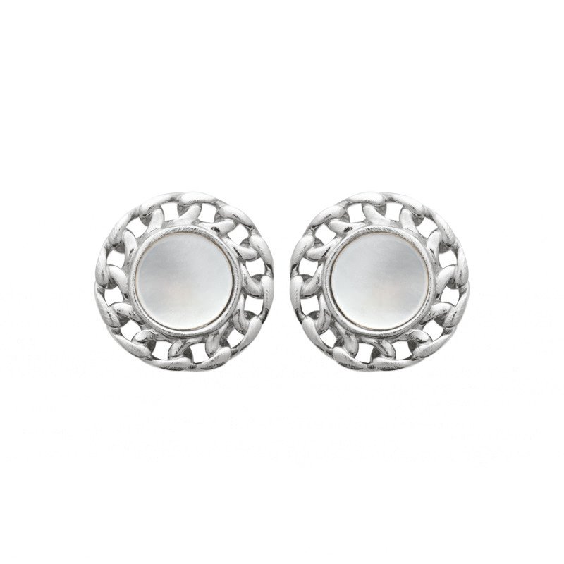 Boucles d'oreilles Puces Nacre et Maillons Argent Rhodié