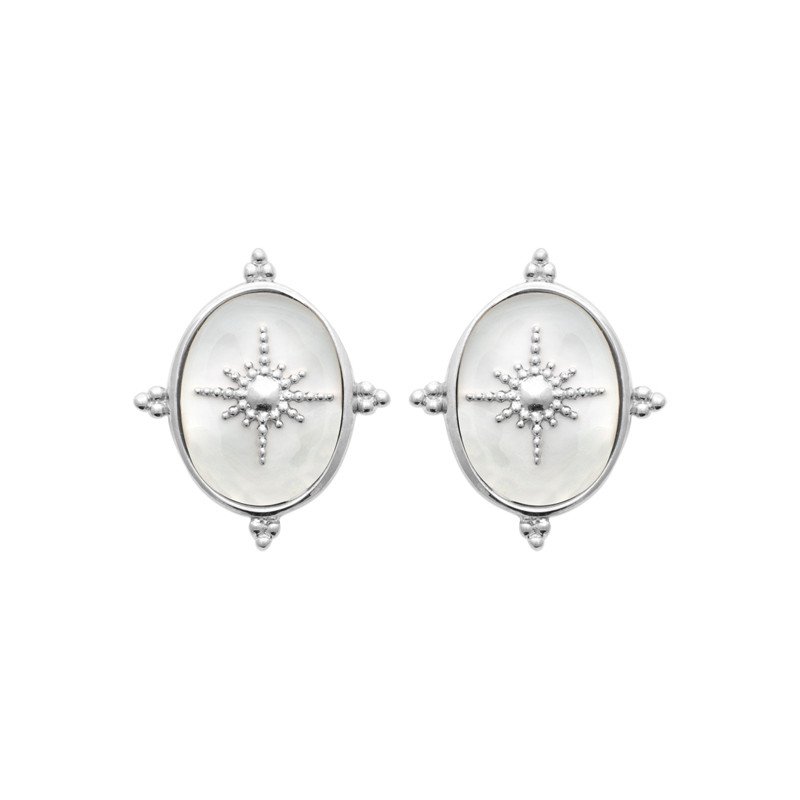 Clous d'Oreilles Ovale Nacre Motif Étoilé Argent Rhodié