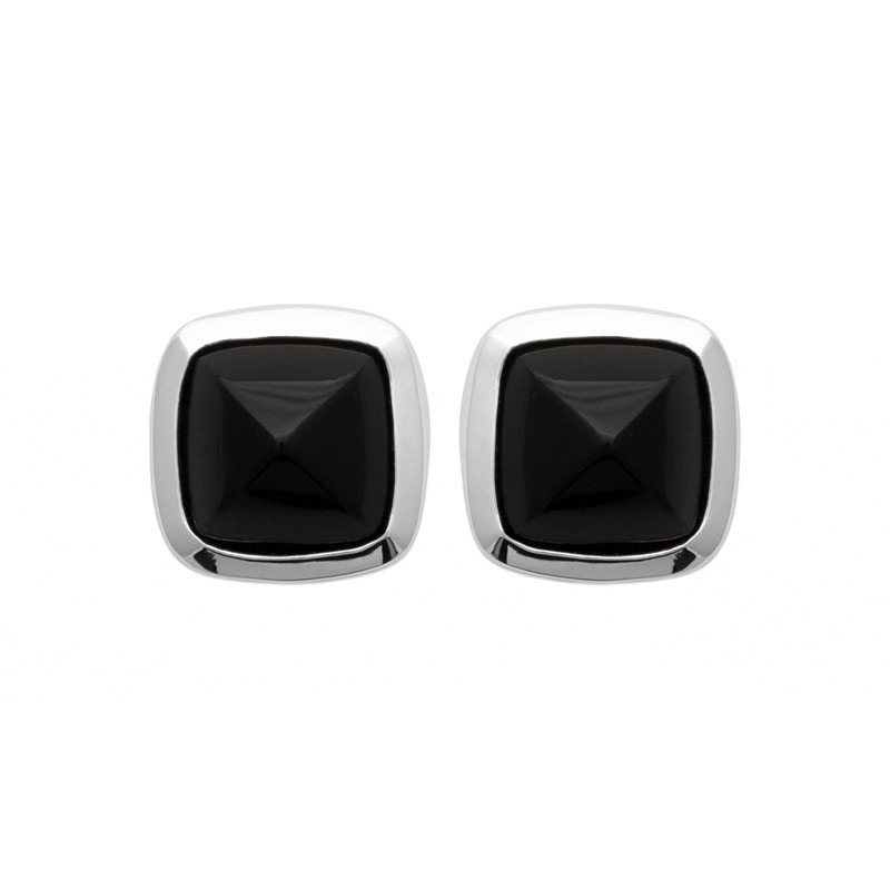Boucles d'Oreilles Agate Noire Pyramide en Argent Rhodié