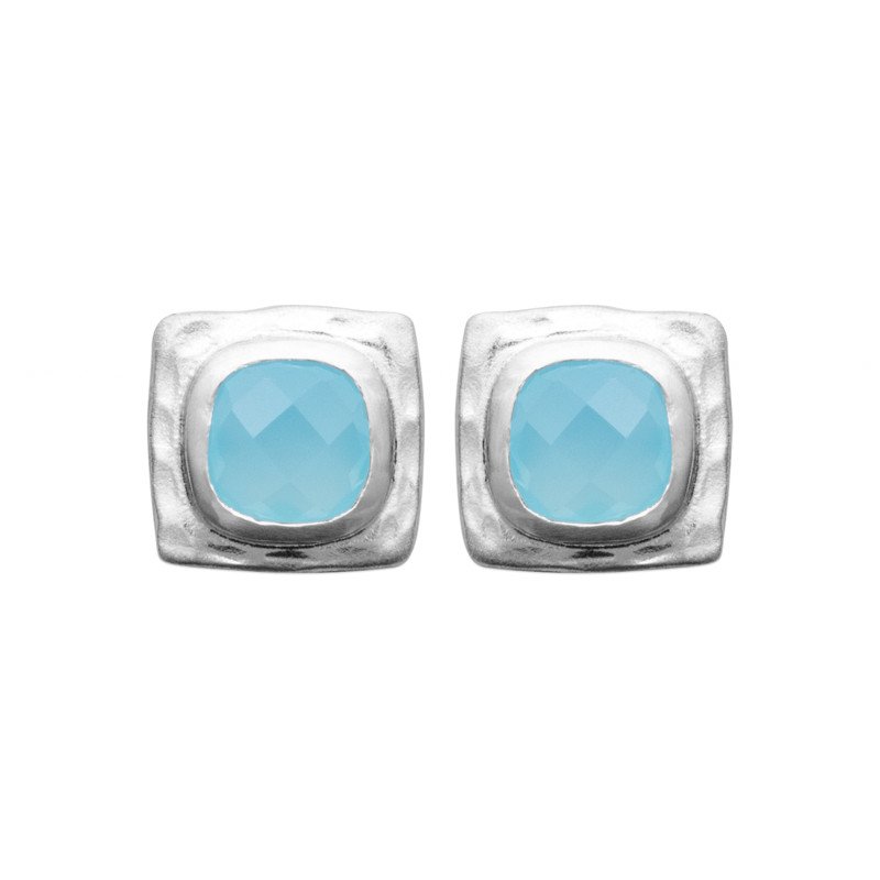 Puces d'oreilles Agate Bleue Carrées Argent Rhodié Texturé