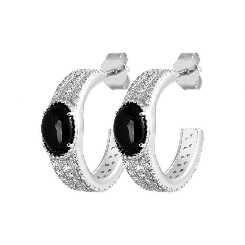 Créoles Agate Noire et Argent Rhodié Scintillantes