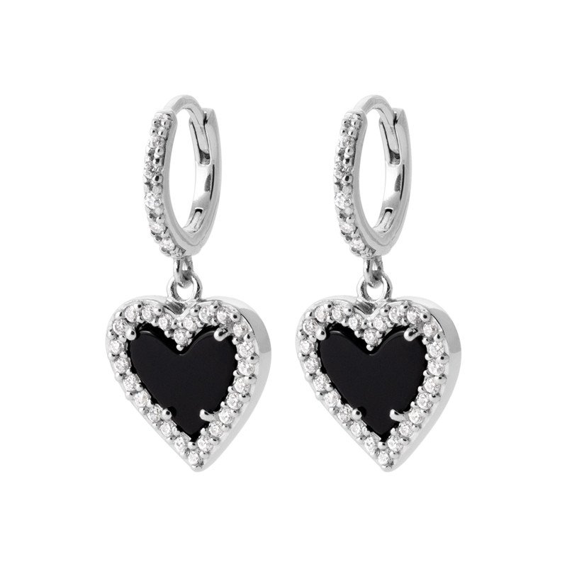 Créoles Cœur Noir & Oxydes de Zirconium - Argent Rhodié