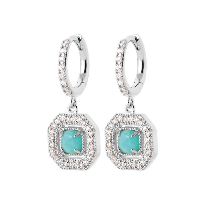 Créoles Octogonales Argent Rhodié Zircon & Turquoise