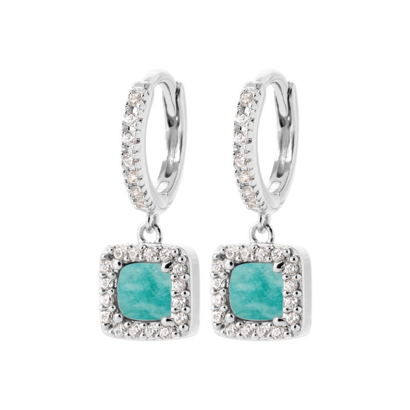 Créoles Argent Rhodié Carré Zirconium Turquoise