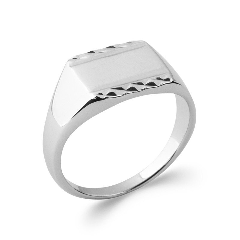 Bague Chevalière Argent Rhodié Bords Facettés