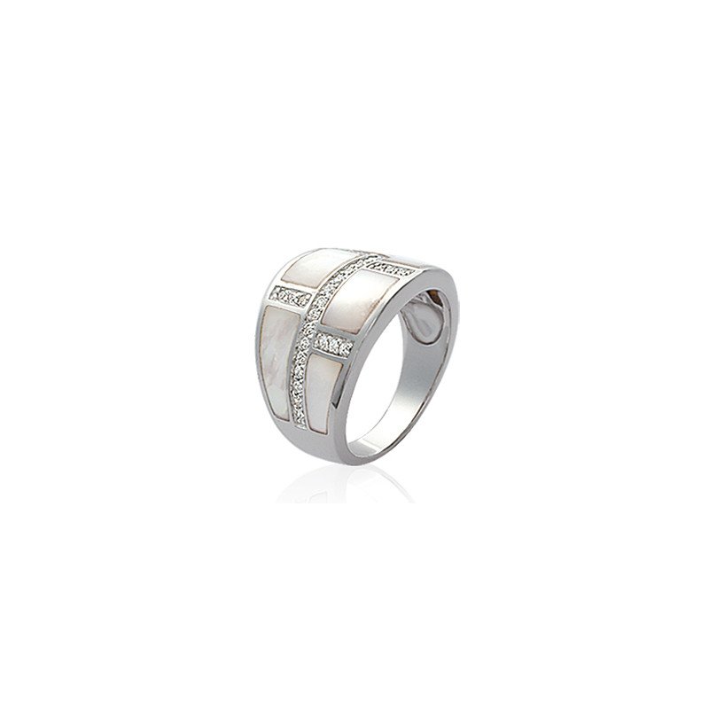 Bague Argent Rhodié Nacre et Zircons Brillants