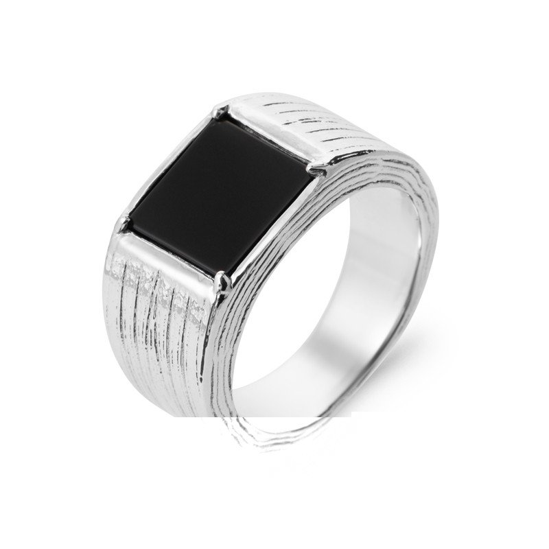 BAGUE ARGENT 925 RHODIE AGATE NOIRE