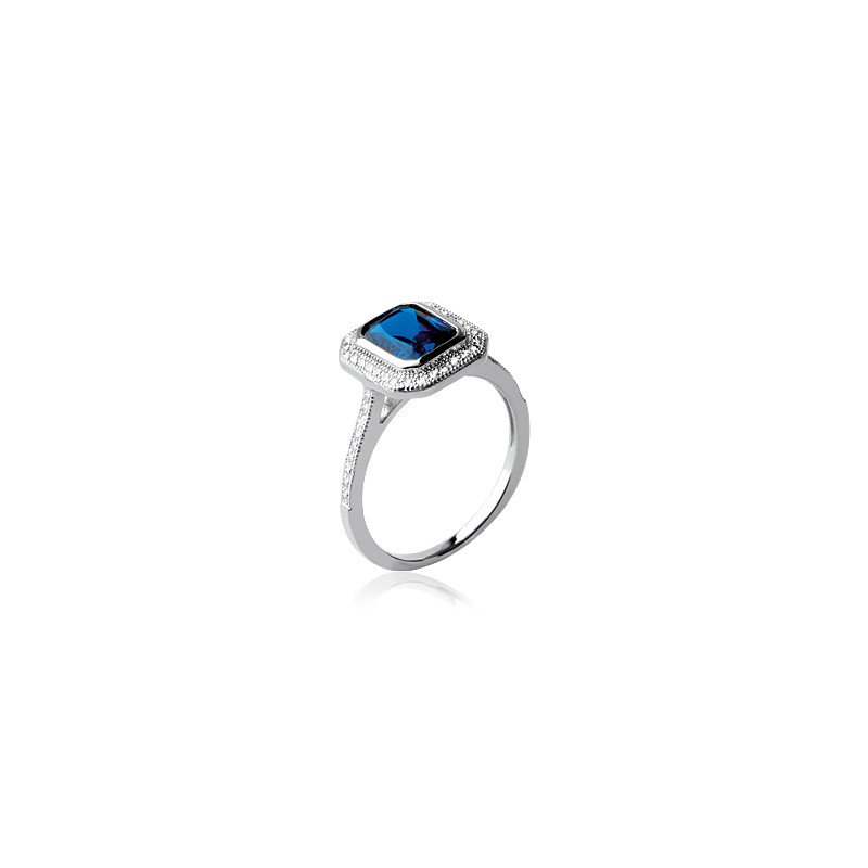 Bague Argent Rhodié Zircon Bleu et Zircons