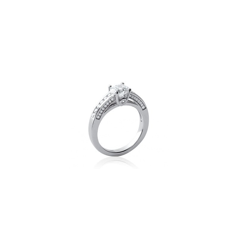 Bague Solitaire Argent Rhodié Zirconium et Pavage