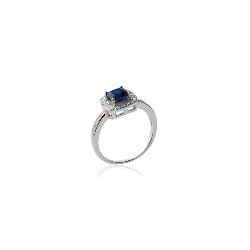 Bague Argent Rhodié Oxyde de Zirconium Bleu Micro-Sertie