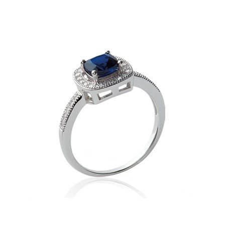 Bague Argent Rhodié Oxyde de Zirconium Bleu Micro-Sertie