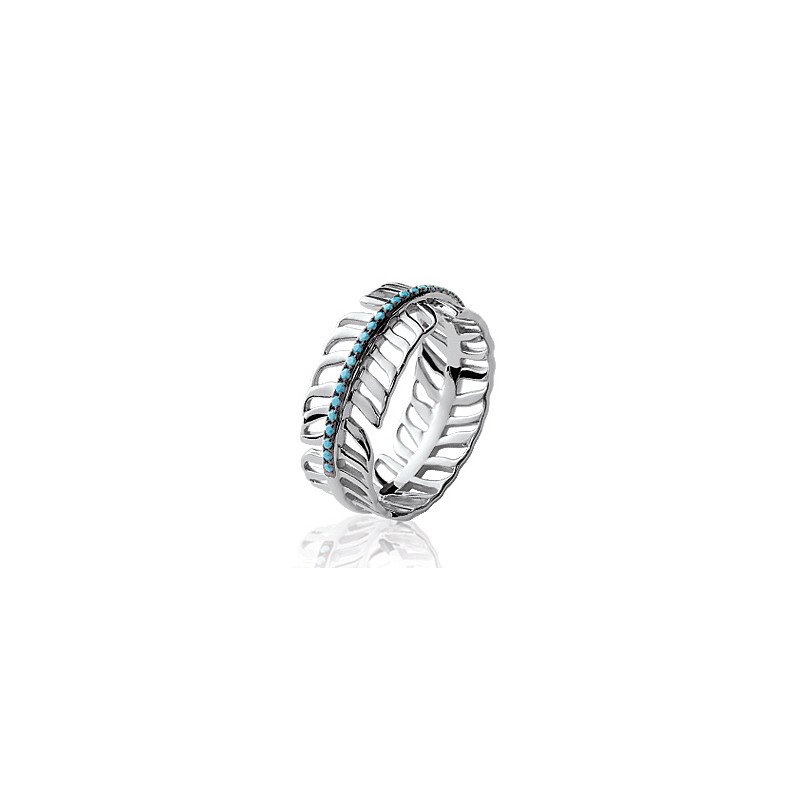 Bague Plume Argent Rhodié Pierres Bleues