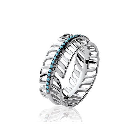 Bague Plume Argent Rhodié Pierres Bleues