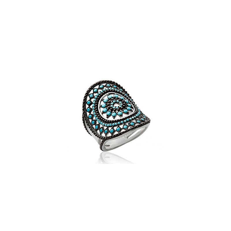 Bague Argent Rhodié Ornementale Bleue