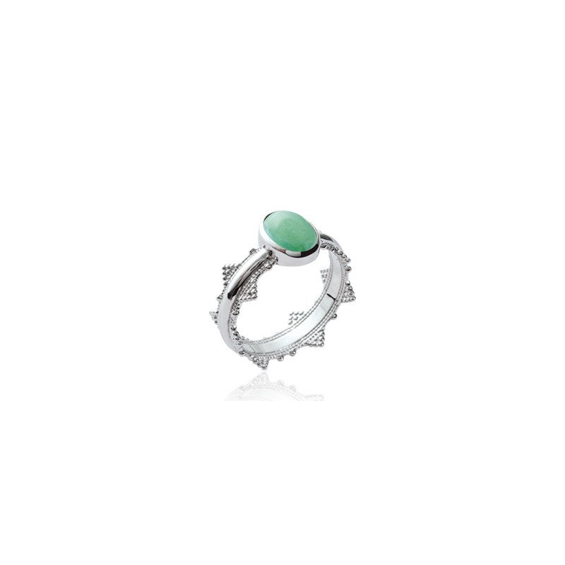 Bague Aventurine Ovale Argent Rhodié aux Détails Perlés