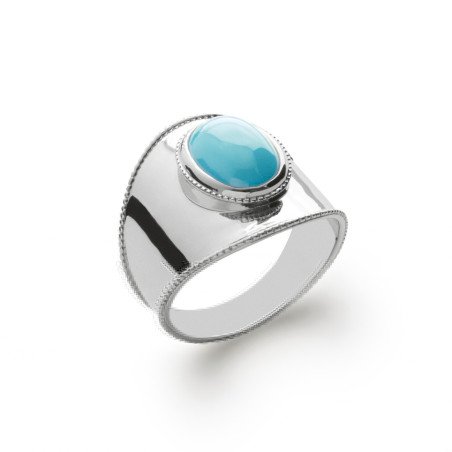 Bague Manchette Argent Rhodié Cabochon Bleu Ovale
