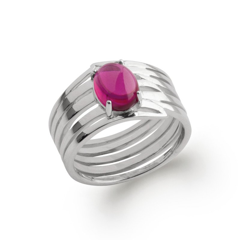 Bague Argent Rhodié Multirangs Pierre Ovale Fuchsia