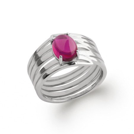 Bague Argent Rhodié Multirangs Pierre Ovale Fuchsia