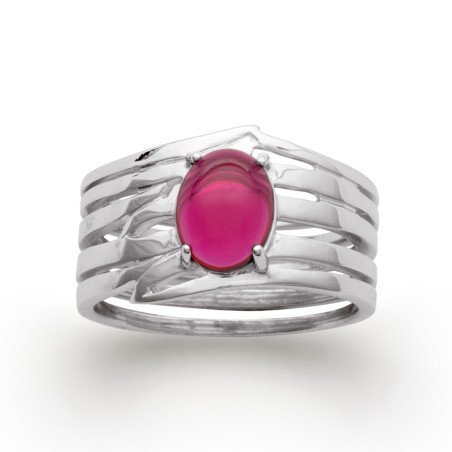 Bague Argent Rhodié Multirangs Pierre Ovale Fuchsia