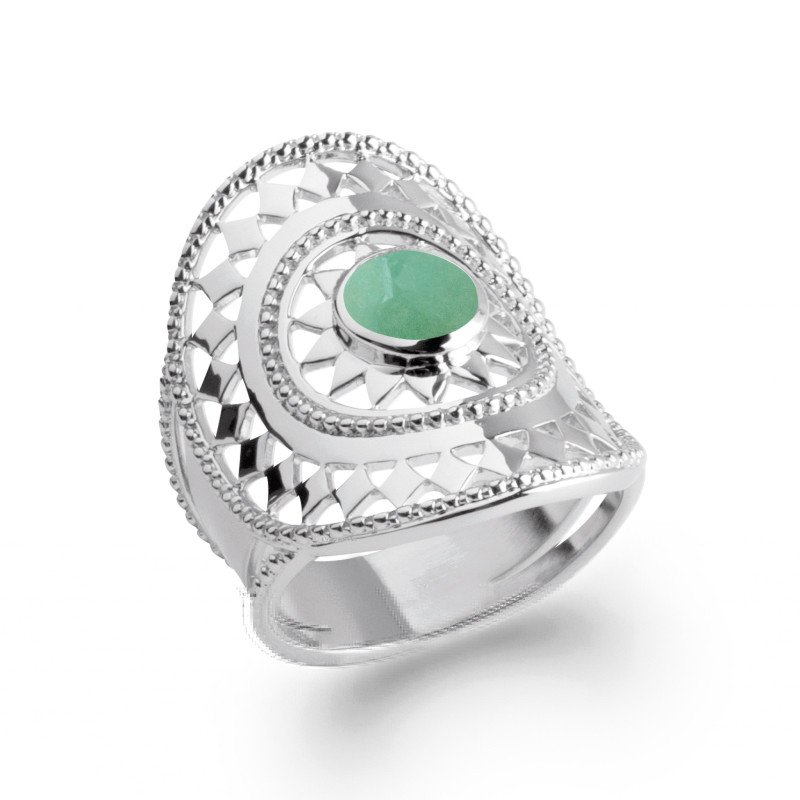Bague Argent Rhodié Aventurine Ovale Filigrane