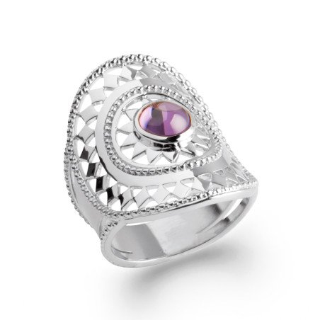 Bague Argent Rhodié Ornée de Pierre Violette