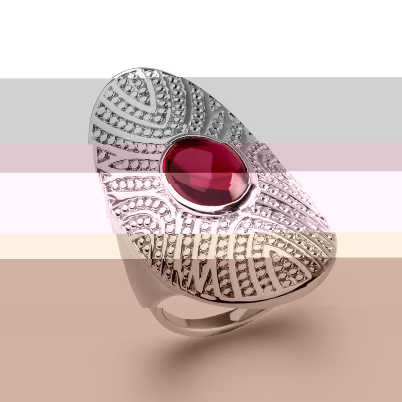 Bague Ovale Argent Rhodié et Cabochon Rouge