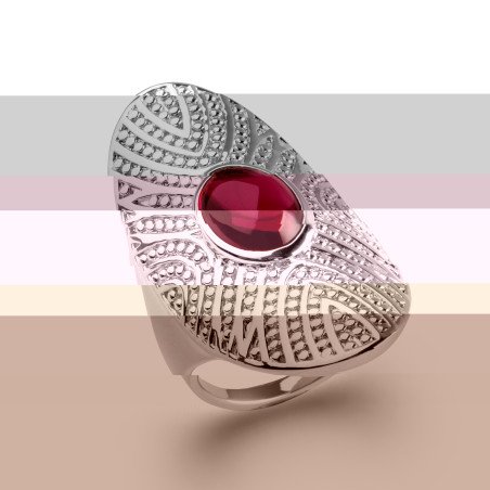 Bague Ovale Argent Rhodié et Cabochon Rouge
