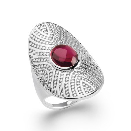 Bague Ovale Argent Rhodié et Cabochon Rouge