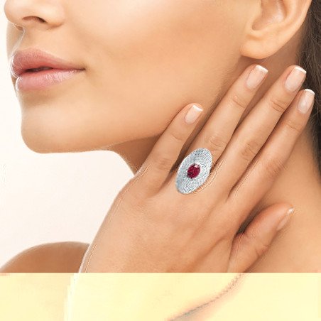 Bague Ovale Argent Rhodié et Cabochon Rouge