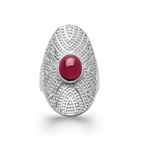 Bague Ovale Argent Rhodié et Cabochon Rouge