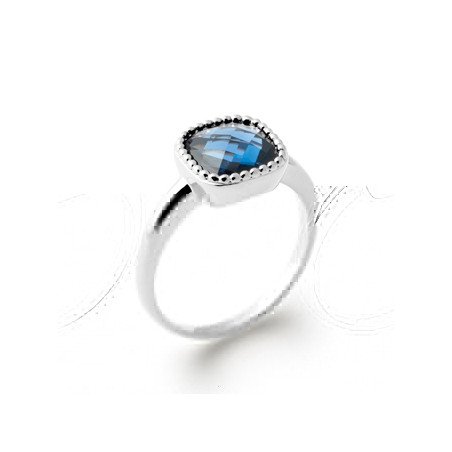 Bague Argent Rhodié Pierre Bleue Carrée Contour Perlée