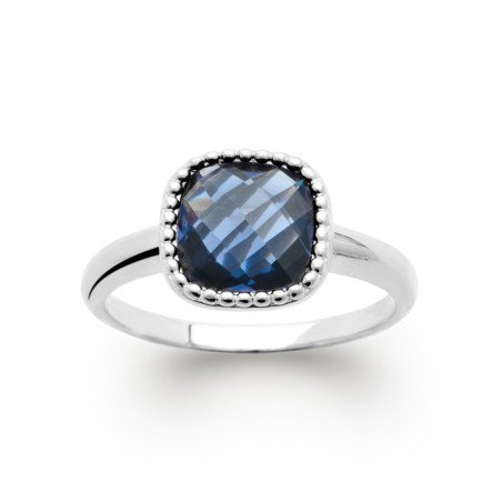 Bague Argent Rhodié Pierre Bleue Carrée Contour Perlée
