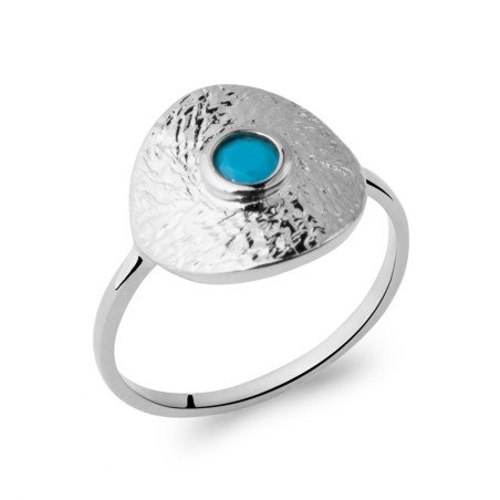 Bague Argent Rhodié Disque Martelé et Cabochon Bleu