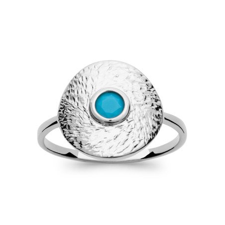 Bague Argent Rhodié Disque Martelé et Cabochon Bleu