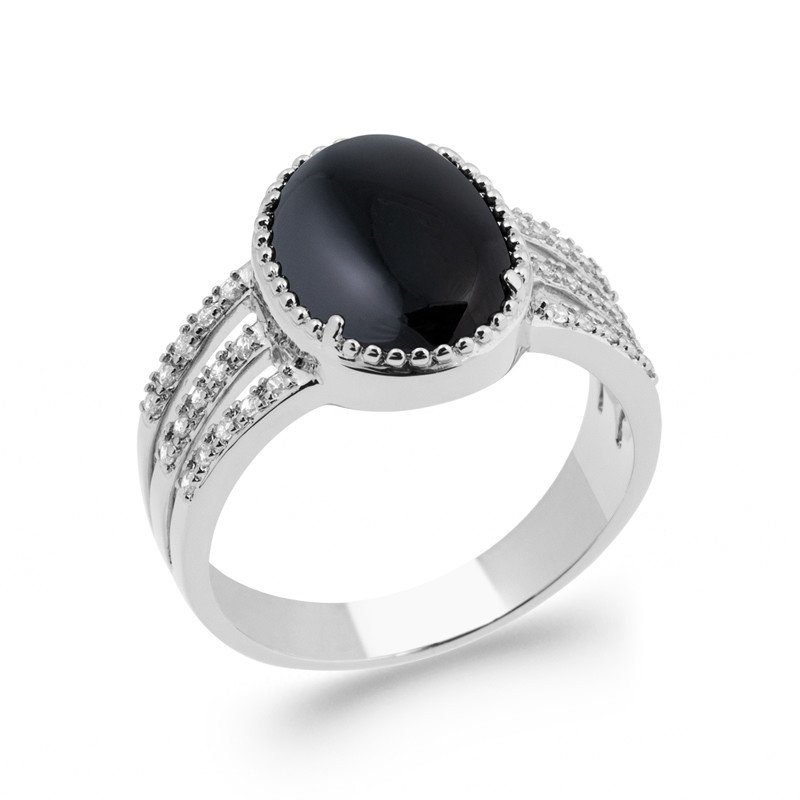 Bague Argent Rhodié Agate Noire et Détails Scintillants