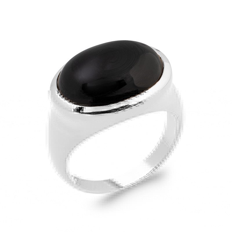 Bague Ovale Agate Noire Argent Rhodié
