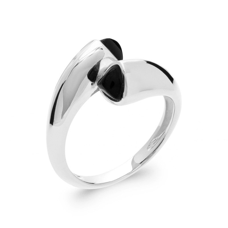 Bague Argent Rhodié Agate Noire Design Ondulé