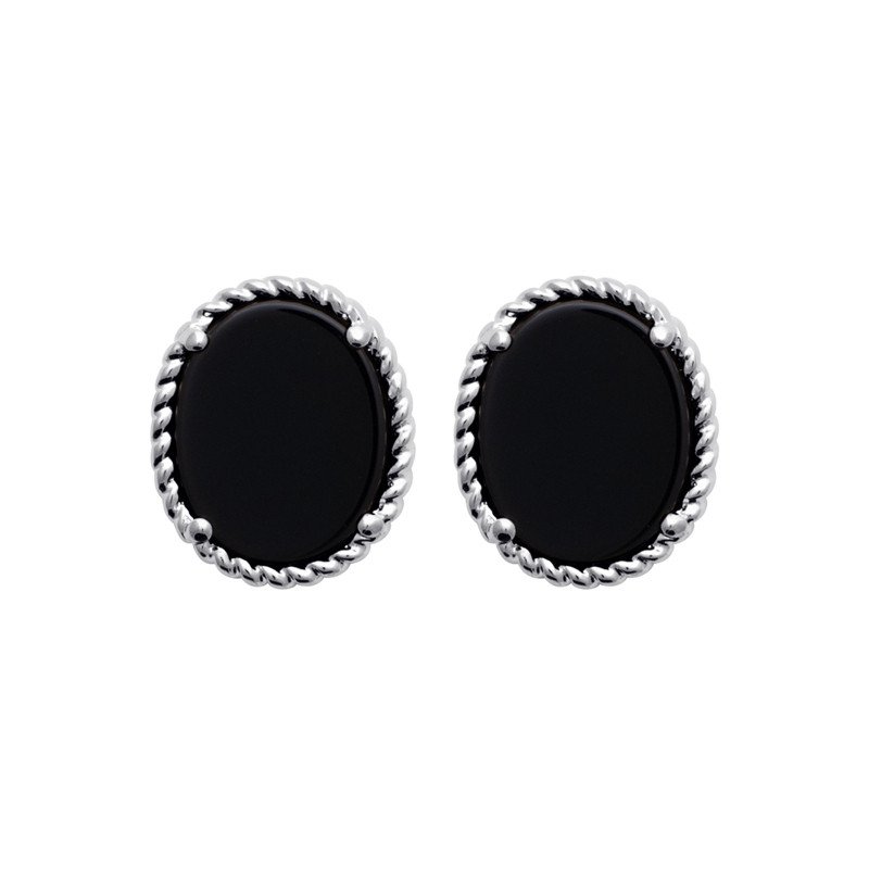 Boucles d'Oreilles Puces Agate Noire Bord Torsadé Argent Rhodié