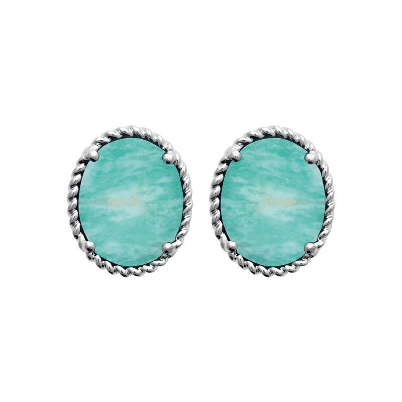 Boucles d'oreilles Puces Amazonite Ovale et Argent Rhodié