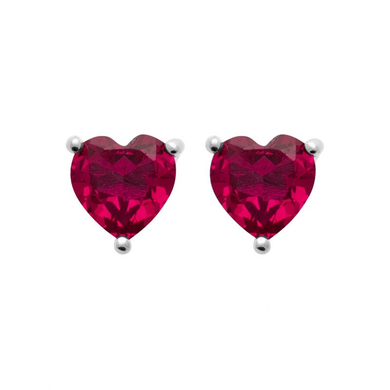 Boucles d'Oreilles Puces Cœur Oxyde de Zirconium Rouge Argent Rhodié